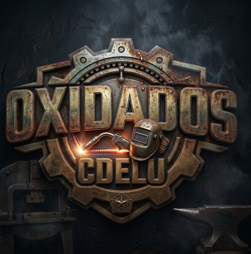Emblema de Oxidados CDELU: engranaje de metal oxidado con torcha de soldar, máscara, prensa y yunque
